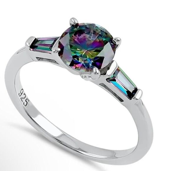 Sterling Silver Round and CZ Baguette Cut Rainbow Mystic Topaz Ring New - Picture 1 of 10